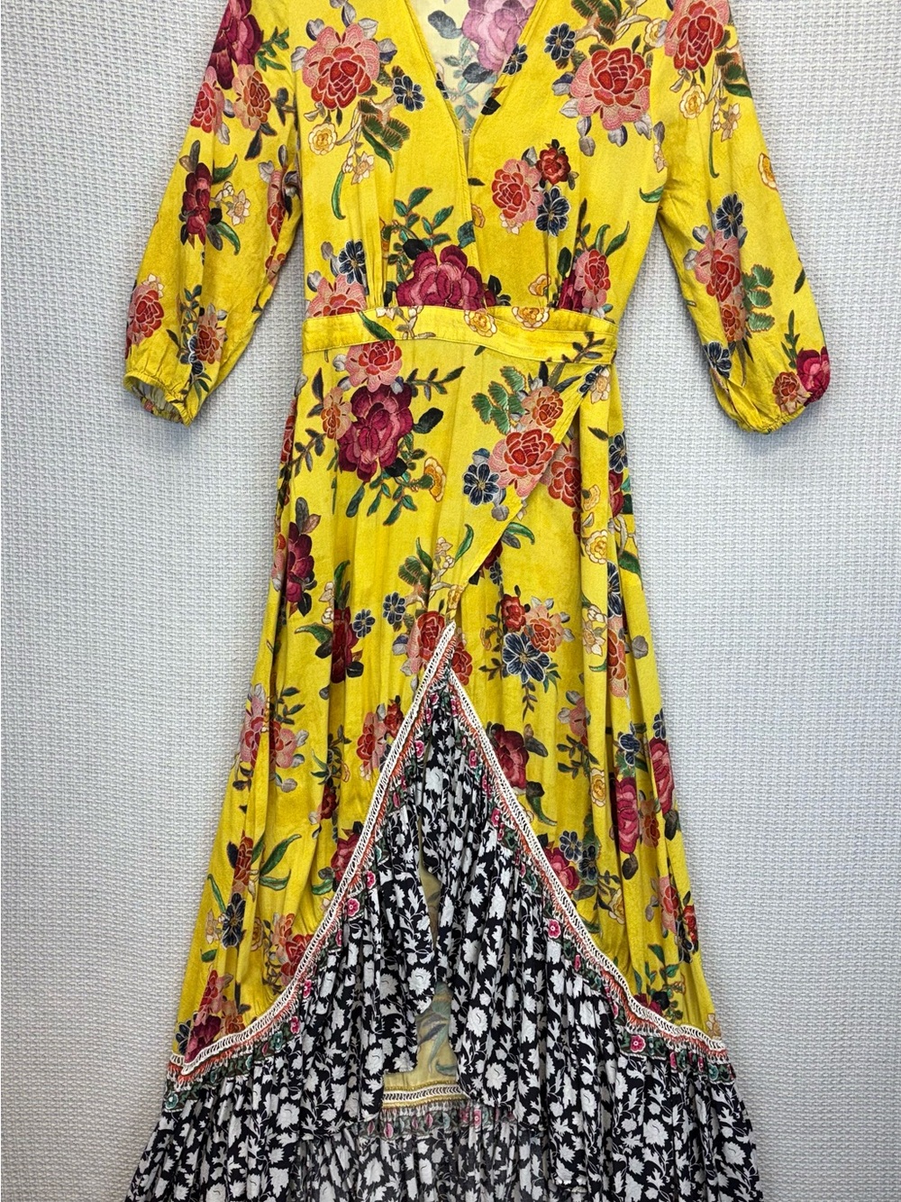 Farm Rio Yellow Mixed Floral Wrap High Low Maxi Dress Women’s XL Boho Ruffles